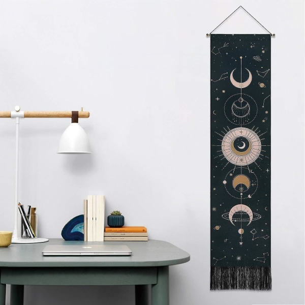 Måne-Vægtæppe Psykedelisk Væghængende Tapisserier Tapet Hjem Dekoration Til Soveværelse 51 X 13 Tommer (130 X 32 Cm), Sort