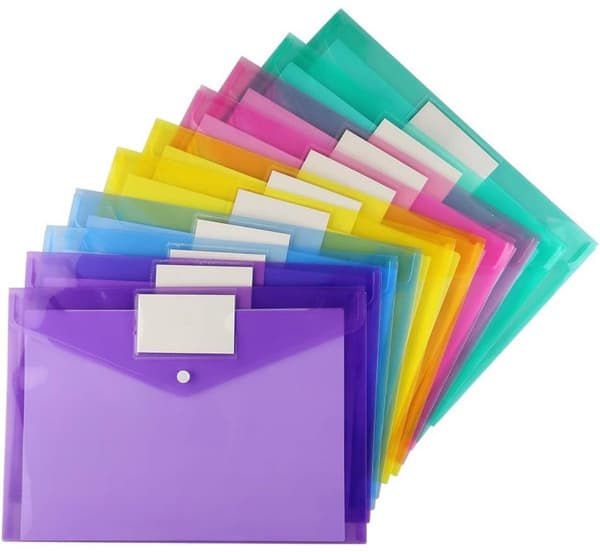 A4-dokumentmappar, plastkuvert med etikettfickor och tryckknappar för skola, kontor, hem och resor, 10-pack