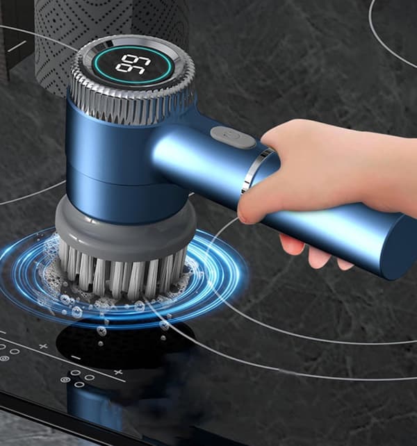 Trådløs elektrisk spinnskrubber, 6 utskiftbare børstehoder, langt håndtak, for baderom, badekar, fliser og gulv, blå