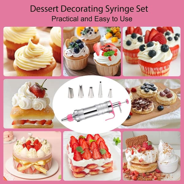 Kakedekorasjonssett, 8-dels sett med sprøytepistol, 6 rustfrie ståltupper og 2 koblinger, for kaker, cupcakes og kjeks, gul