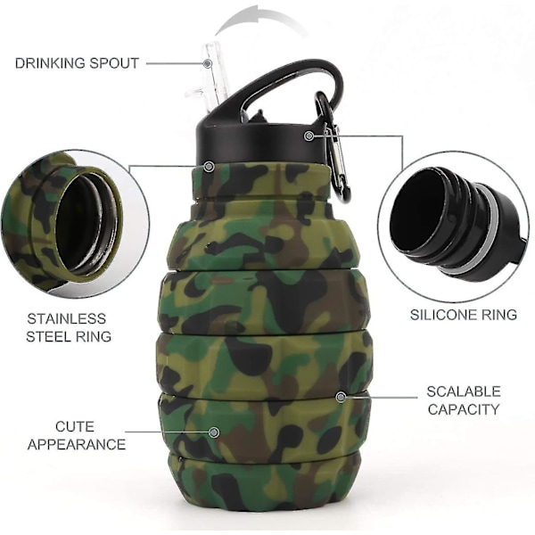Sammenleggbar drikkeflaskegranat 580 ml, BPA-fri, lekkasjesikker vannflaske, laget av silikon, matsikker, sportsflaske for sykler, sport, festival