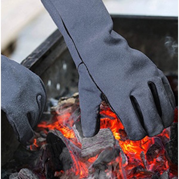 Grå svarta långa handskar Professionell ugn 662°F med vadderat foder för grillning, matlagning utomhus（14,5 * 40 cm）