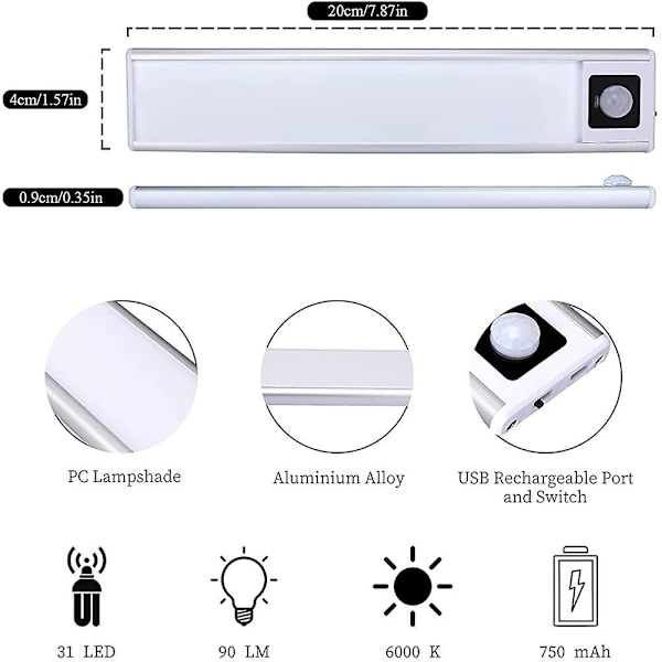 2 stk. skaplampe 31 LED. Trådløs LED-stripe. USB-oppladbar induksjonsnattlys