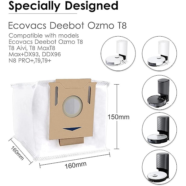8-pack dammsugarpåsar för Deebot Ozmo N8 920 950/t5 T8 T9 Series Dx93 Ddx96 robotdammsugare