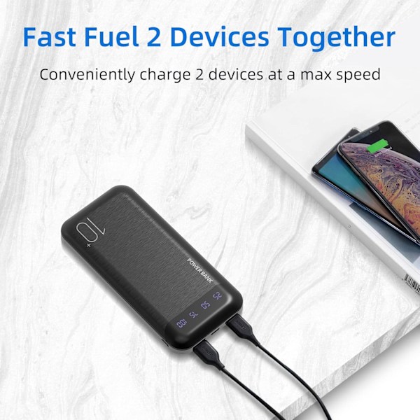 10000mAh Powerbank - Dobbel USB & USB-C Bærbar Lader for iPhone/Huawei/Samsung