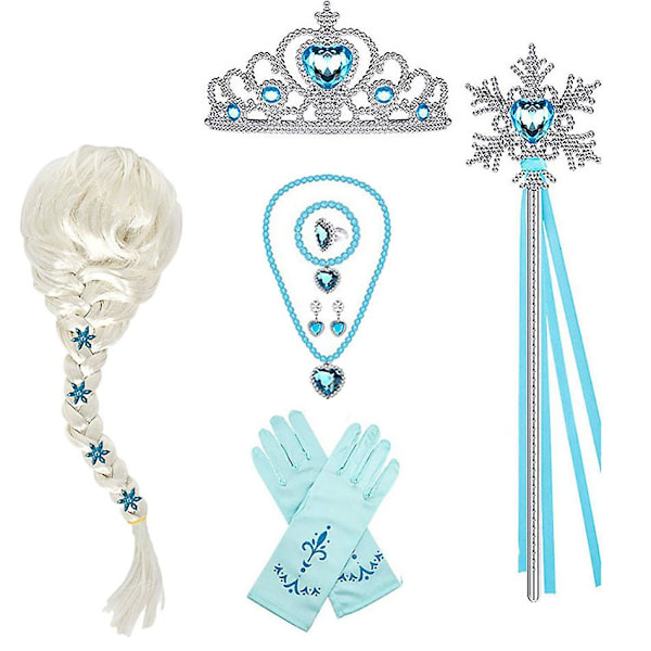 Elsa Princess Dress Clothing Cosplay Dress Up Gloves Wand Crown Jewelry Set Elsa Wig Necklace Braid