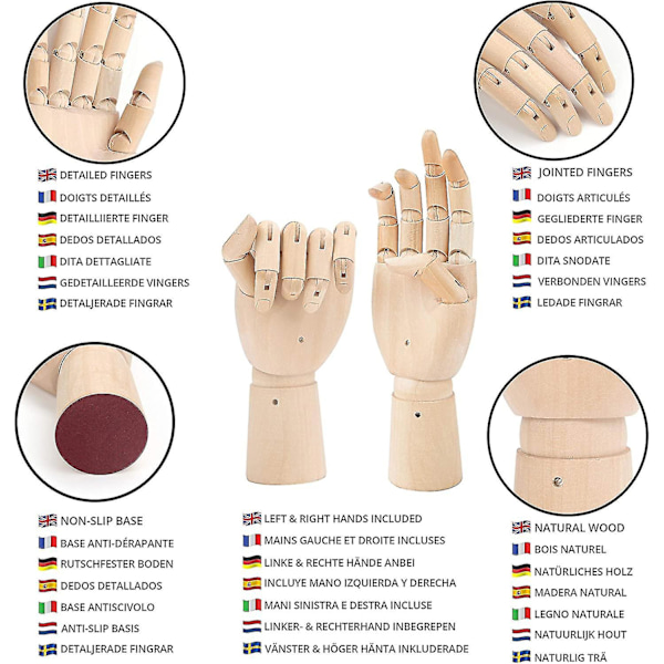 Trehåndmodell Leddet Artikulert Fleksible Fingre Håndmodell For Kunsttegning, Display (venstre+høyre Hender)2stk)