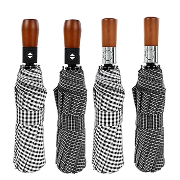 Practical Automatic Checkered Umbrella Dark Grey Light Wood