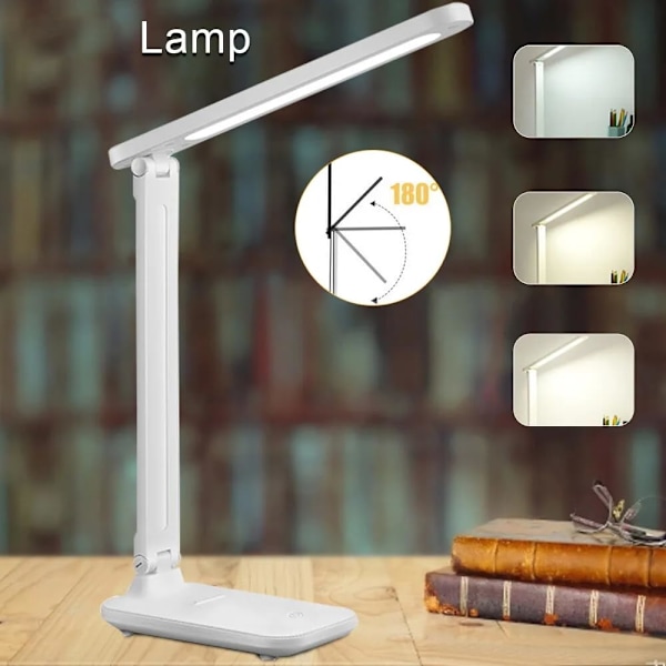 LED-bordslampe med øyebeskyttelse, USB-ladeporter, dimbar, egnet for soverom, sovesal, lesing - hvit