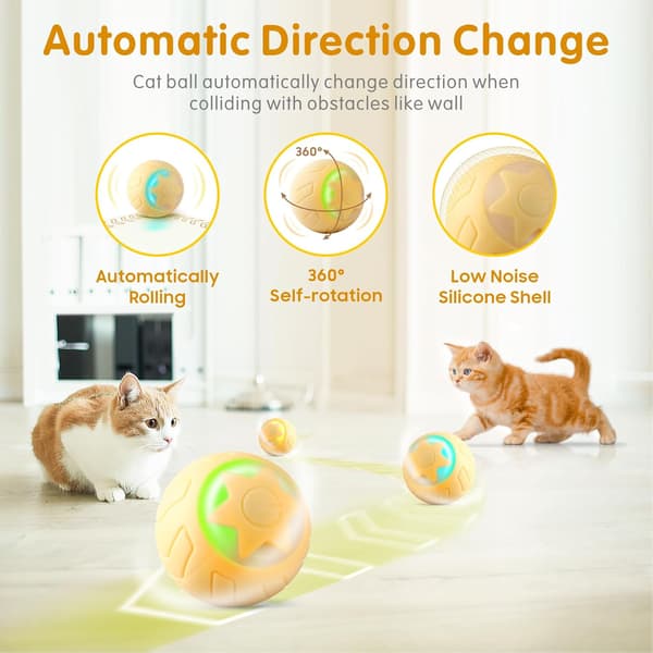Interactive Cat Toy Ball, Automatic Rolling Cat Toys for Indoor Cat Kitten, with 2 Modes, LED Lights Replaceable, Rechargeable, Yellow