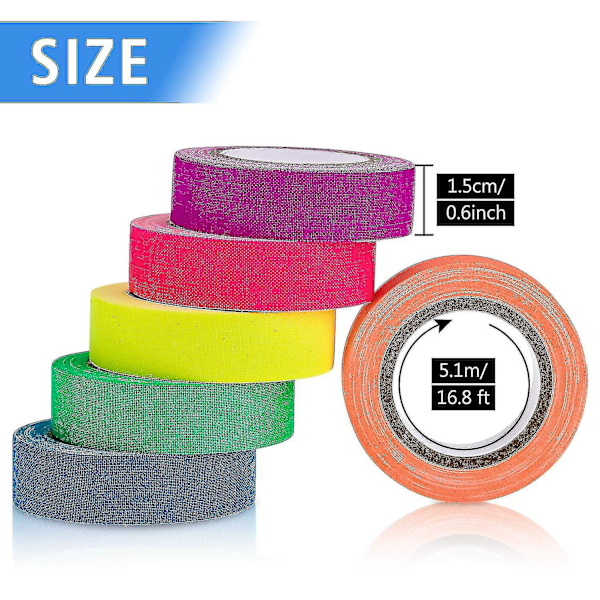 6 farver neon gaffer klud tape, fluorescerende uv sortlys glød i mørket tape til uv fest 15mm*5m
