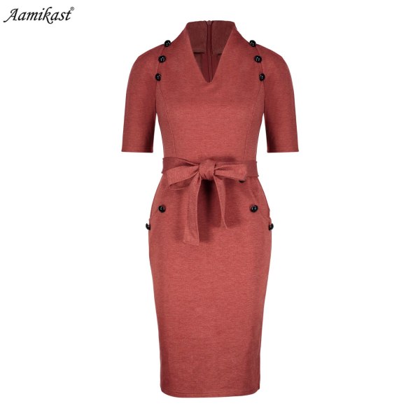 Kortärmad Bodycon-klänning för kvinnor med bälte Business Cocktail Funeral Pencil-klänning med fäste red XL