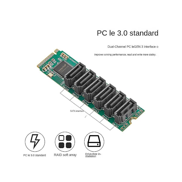 M.2 (pcie 3.0) 6-portin laajennuskortti Sata Iii 6g Ssd -sovitin 3 Sataiii -kaapelilla Pcie Gen3x2 Non-r