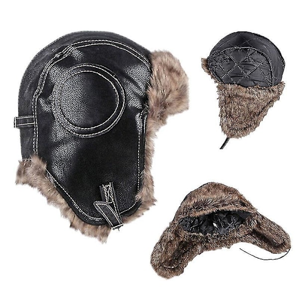 Pilotmössa i konstläder med pälskant - Ushanka - Vinter - Rysk - Skidåkning - Militär - Flygare