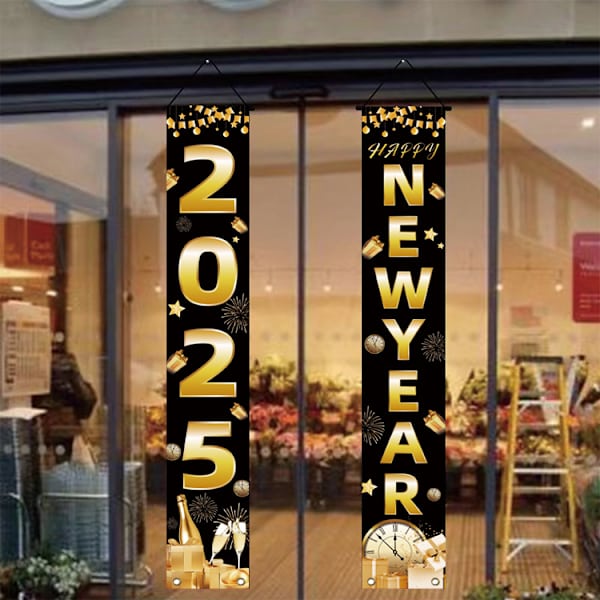 Svart Nyårsbanner 2025 för Nyårsaftonfestdekorationer, tvättbar och tålig (72x12 tum)