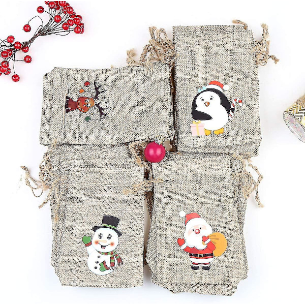 36 stk. Julelinnedposer med snoretræk Julejutegaveposer med dobbelte jutesnore, 4 designs Snemand, Julemand, Pingvin og