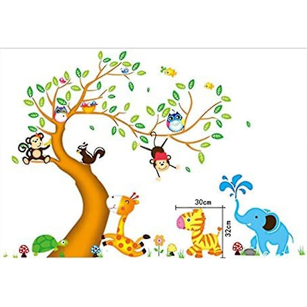 Cartoon Happy Animal Tree With Owl Monkey Zebra Giraffe Wall Stickers, Baby Room Nursery Removable Wall Decals Murals