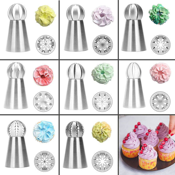 Rustfritt stål russisk piping ball spiss frosting piping dyse sett for DIY baking kake dekorering forsyninger kit (8 stykker)