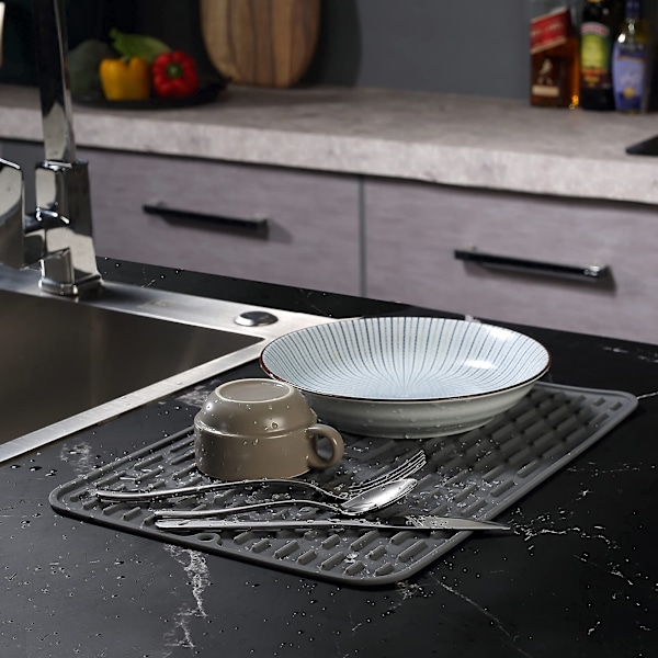 （grå）Diskställningsmatta, Silikon torkmatta för köksbänk, för disk/glas/kopp/gryta värmebeständig matta