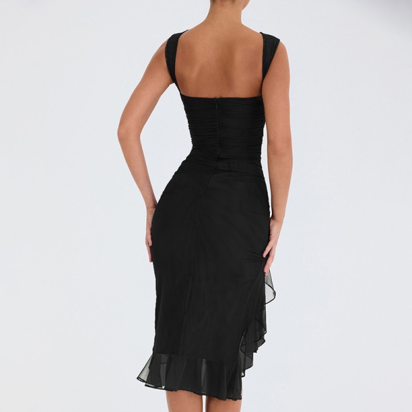 2023 vår och sommar ny crewneck ärmlös klänning kvinnligt mode säljer sexigt livstycke grimma vik MIDI-kjol Black L