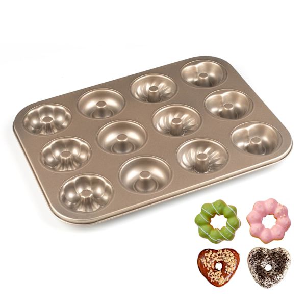 12-hulls Non-stick Donut Baking Cake Pan Carbon Steel Donut Molds - Flower Heart Shaped Pan Doughnut Bakeware for Oven Baking