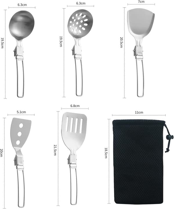 6-dele camping køkkenredskabssæt, 304 rustfrit stål foldbare håndtag, bærbar opbevaringstaske til vandreture, picnics og grillfester