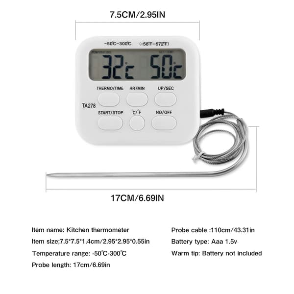 Kødtermometer, magnetisk bagside og stativ for problemfri overvågning, -50°C til 300°C område, 99 timer 59 minutter 59 sekunder timer, til