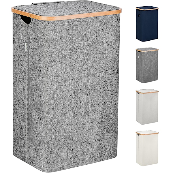 Gray Dirty Laundry Basket - Xl 100 Liters - Large Laundry Baskets With Lid And Handles - Bedroom Laundry Bin - Bamboo Bathroom Dirty Laundry Bin