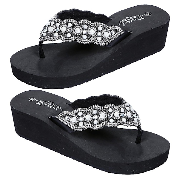 1 par skridsikre strandsko Slipsole sko Flops perle diamantsko til sommerkvinder (sort størrelse 39 24,5 cm, 7,5 US, 5 UK, 38,5 EU, 9,6285 tommer)