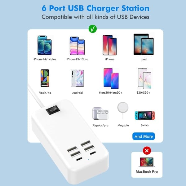 USB-C, 6-porters USB-lader, 2 USB-C-porter + 4 USB-A-porter, multi-U