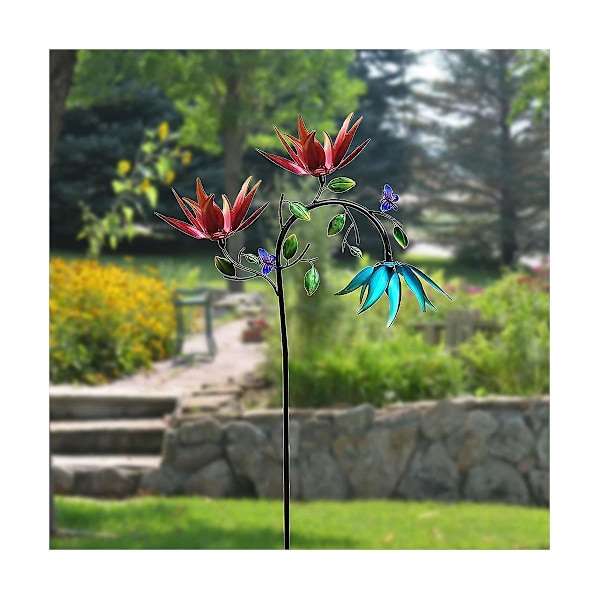 Vindspinner, vindspinnere for hage og hage i metall med 3 snurrende blomster og sommerfugler