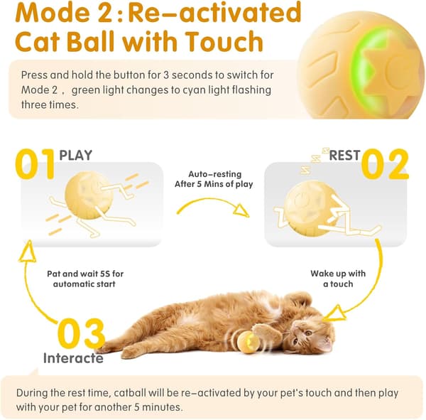 Interactive Cat Toy Ball, Automatic Rolling Cat Toys for Indoor Cat Kitten, with 2 Modes, LED Lights Replaceable, Rechargeable, Yellow