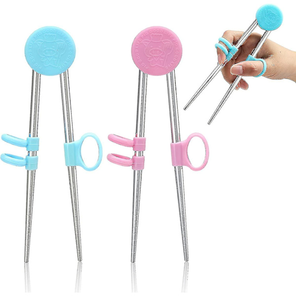 2 par trænings spisepinde til børn, børn voksne læring spisepinde hjælper rustfrit stål genanvendelige metal spisepinde (blå, pink)