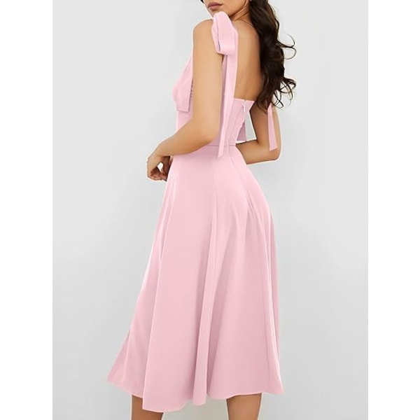 Vintage korsettklänning för kvinnor Sweetheart Halsring Knytband Slits Ärmlös gunga Elegant midi party cocktailklänning Pink L