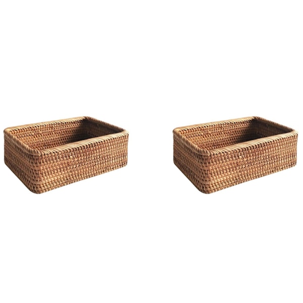 2x Hand-woven Rectangular Rattan Wicker Basket Fruit Tea Snack Bread Picnic Cosmetic Storage Box S