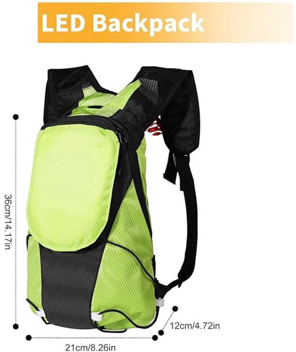 LED Refleksryggsekk, Nylon og Polyester, 360° Synlighet, For Sykling, Løping og Pendling, Grønn, 36 x 21 x 12 cm