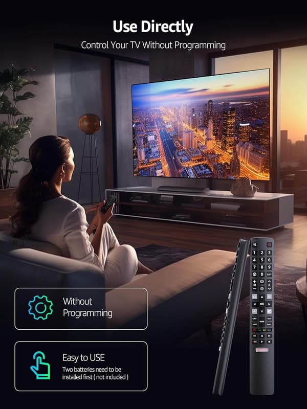 Erstatningsfjernbetjening til TCL Thomson RC802N, ingen programmering påkrævet, med 8 m rækkevidde til 4K UHD LCD LED Smart TV'er, sort