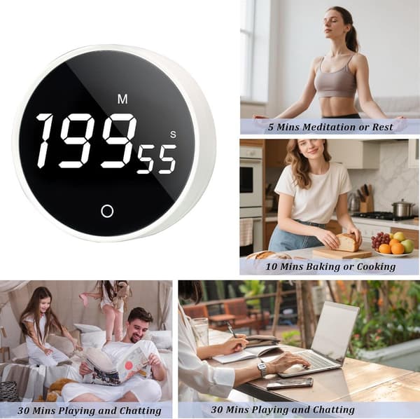 Digital køkkentimer, roterende nedtællingstimer med LED-display, justerbar stander og magnetisk montering til madlavning og studie, hvid
