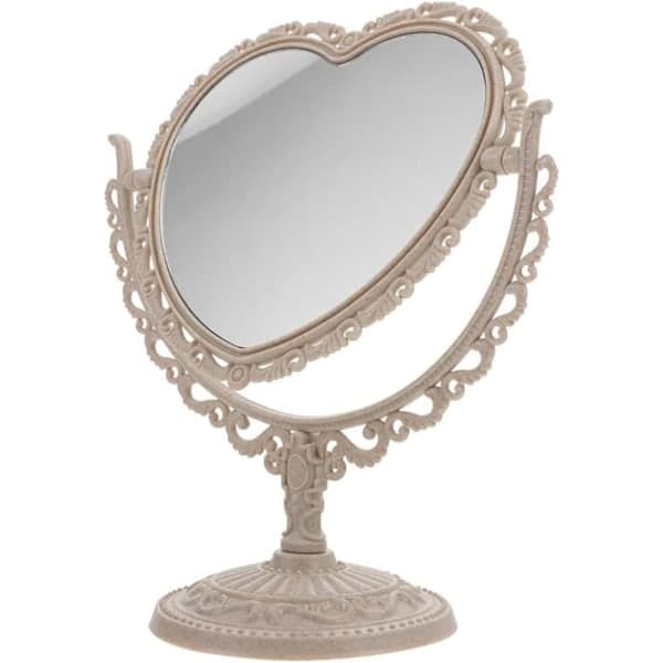 Simple and Beautiful Heart-Shaped Plastic Cosmetic Mirror, Double-Sided Rotatable Vanity Mirror, Lightweight Mirror, Bathroom Mirror (White)