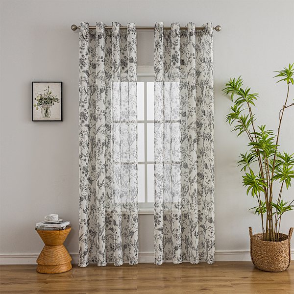 36 tum draperade köksgardiner, halvtransparenta korta kafé-gardiner, gardiner med botaniska tryck, små fönstergardiner