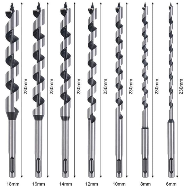 SDS-Plus Tresbor Sett 7 stk. 6-18mm Karbonstål Spiralhullkutter for Trearbeid