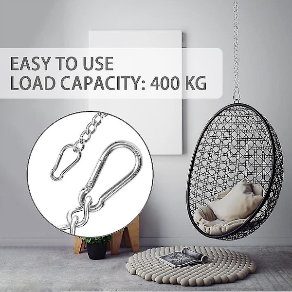 2024, kjede med to karabiner, 400 kg kapasitet, kraftig rustfritt stål hengekjede, forlengelseskjede