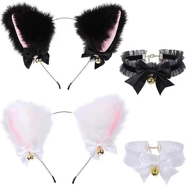 2 Set Black White Cat Ear Headband Fox Faux Fur Ears Hairband Hair Hoop