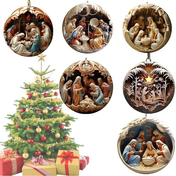 6 st Nativity Julgran Hänge Jesus Kristus Hängande Prydnader 2d Nytt År Akryl Utsökt Inomhus Nativity Scene Decor