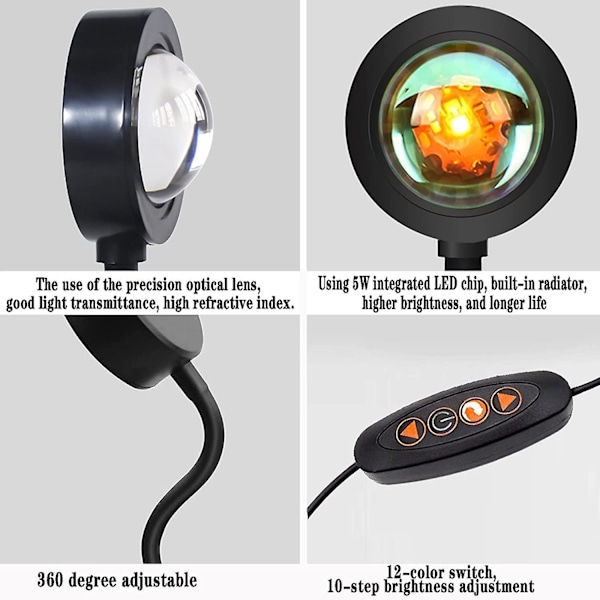 Solnedgangslampe 12 farver Led Regnbue Solnedgang Projektionslys Led Nattelys 360 Rotation Solnedgangslampe