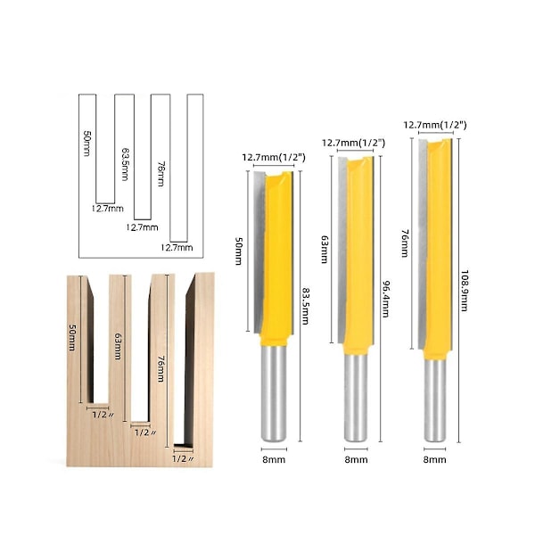 3-delad 8 mm rak frässtål 1/2 tum fräsdiameter kant träbearbetning trimningsfräs kniv