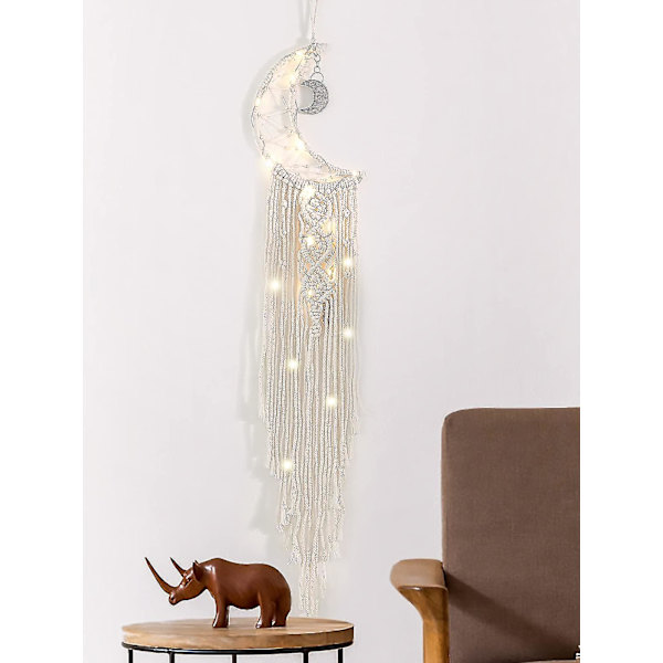 Drömfångare i macramé med LED-ljus, handgjord drömfångare med vävd måne