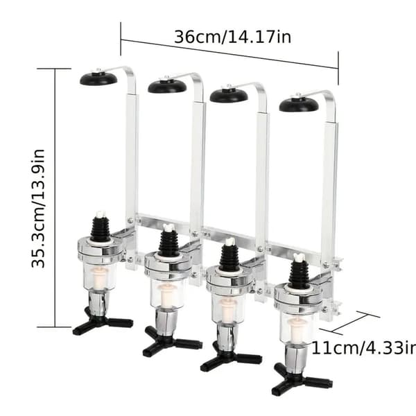 Väggmonterad dryckesdispenser med 4 flaskhållare, dispenser i kromoptik för bar och hobbyrum, passar de flesta flaskor, silver