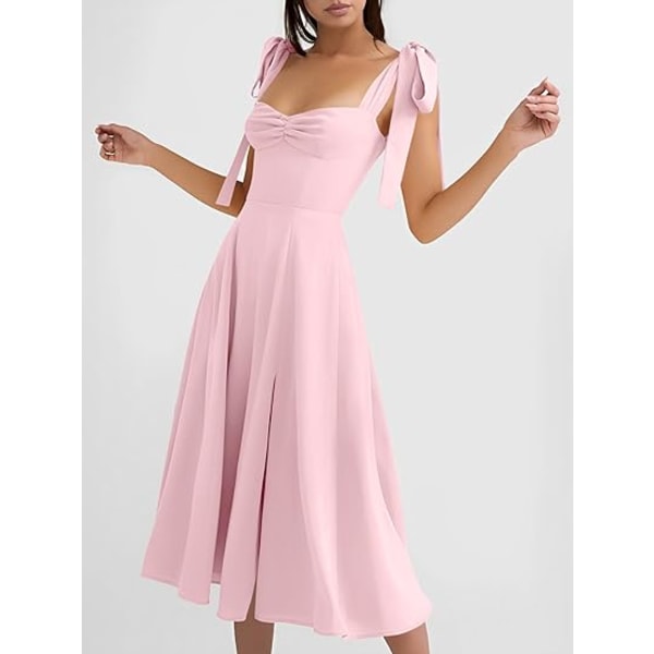 Vintage korsettklänning för kvinnor Sweetheart Halsring Knytband Slits Ärmlös gunga Elegant midi party cocktailklänning Pink L