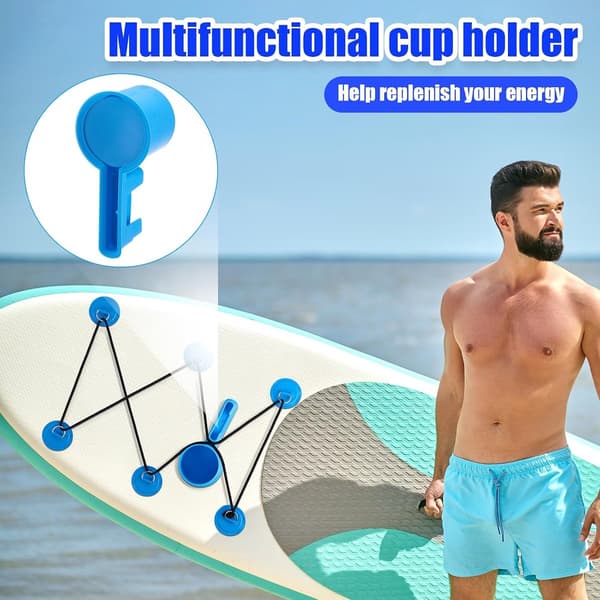 2-i-1 kopholder til paddleboard med telefonholder, 6 PVC D-ring-lapper og 2,5 meter elastisk bungee-snor, blå kopholder til paddleboards, kajakker, surfbrætter